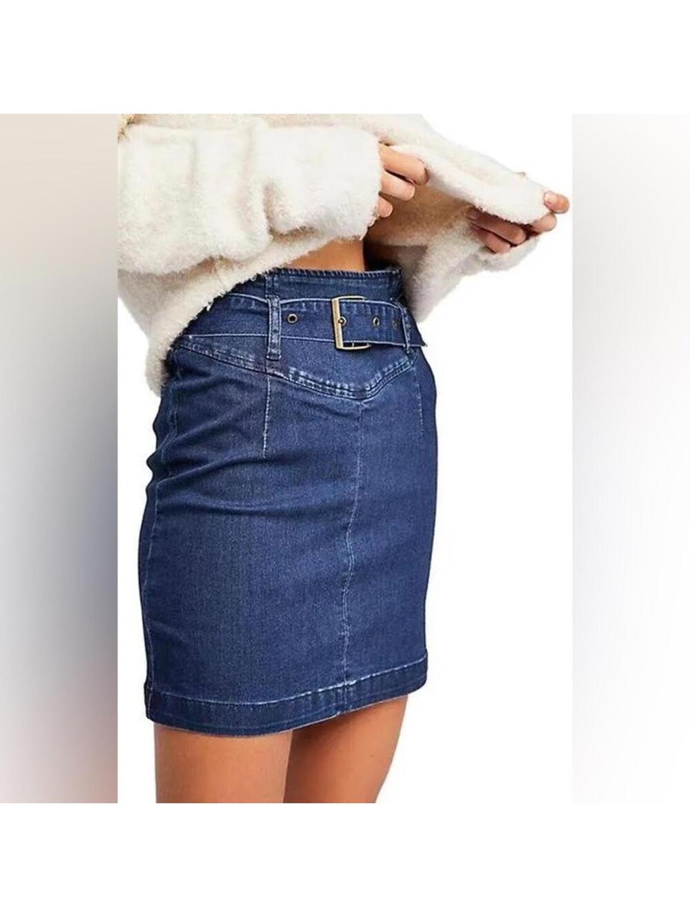 Free People Livin It Up Dark Wash High-Waisted Pencil Denim Mini Skirt 12
